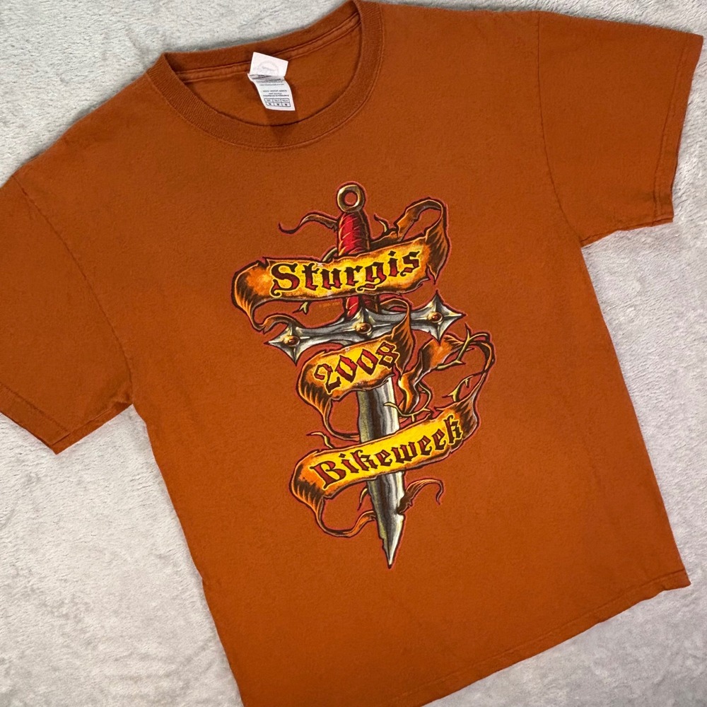 Delta‎ Magnum Weight Men's T Shirt Size M Orange Sturgis 2008 Bikeweek Biker
